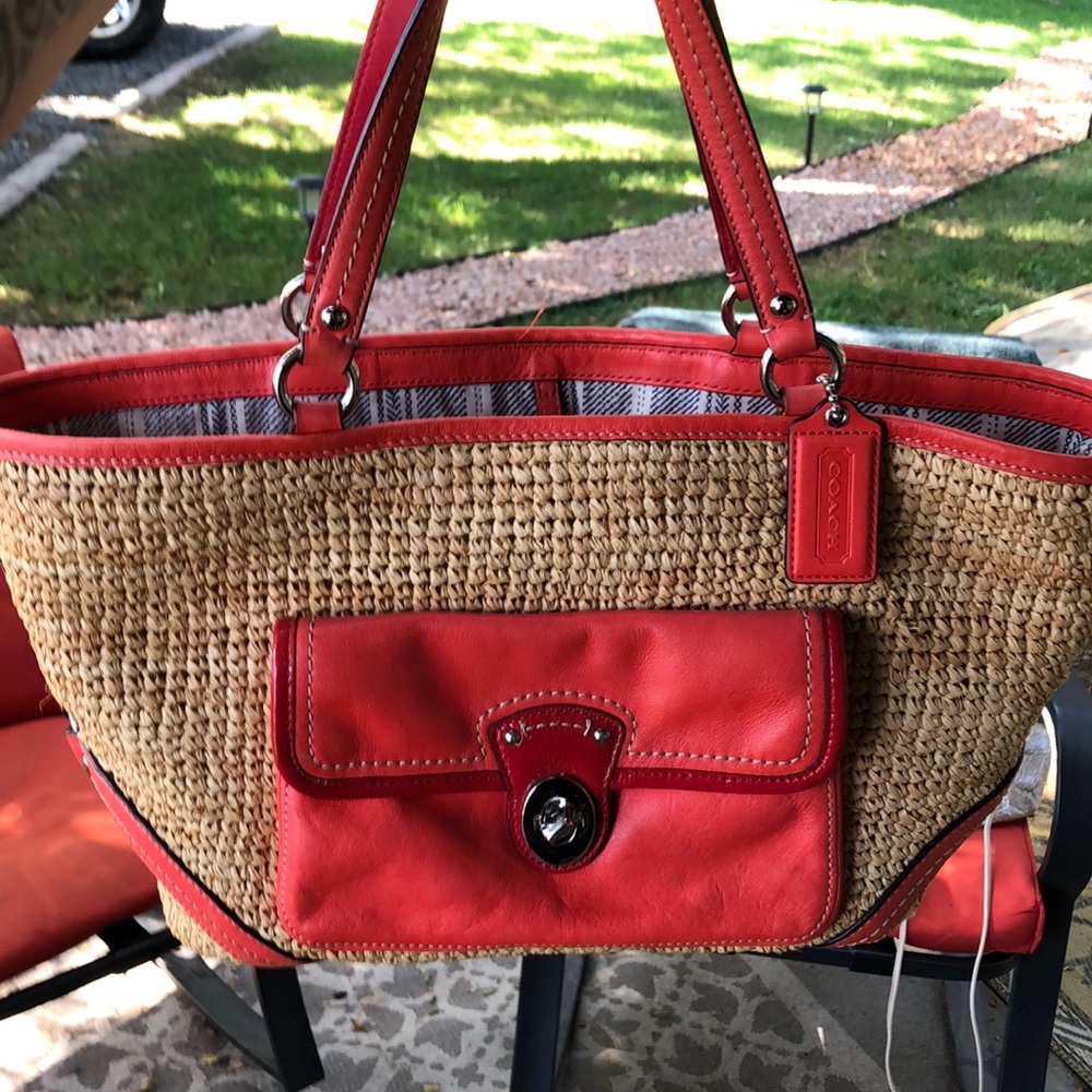 Coach straw bag with red leather trim